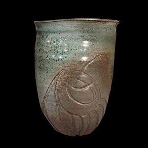 Signed Art Pottery Vase Earthy Green & Brown Glaze With Abstract Design